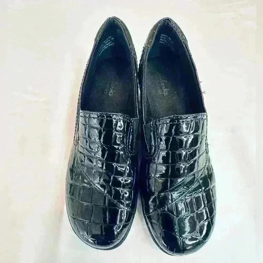 Clarks Black Patent Croc-Embossed Slip-On Loafers